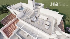Terrasse moderne sur le toit, équipée d'un jacuzzi intégré, d'une table à manger d'extérieur et de fauteuils blancs disposés sur la pelouse qui l'entoure. Réputée pour son architecture.]