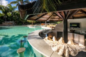 Outdoor pool with a curved bar under a thatched roof, palm trees, and a mounted TV on the wall.