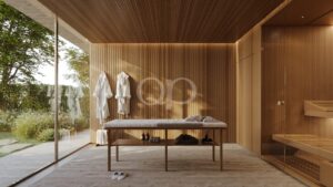 Wood-paneled sauna interior with robes on hooks, a massage table, and a glass wall overlooking a greenery-filled garden.