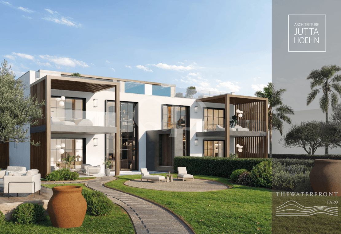 Modern two-story villa with white stucco walls, wooden pergolas, and glass balconies, set in a landscaped backyard with a circular patio and outdoor seating.