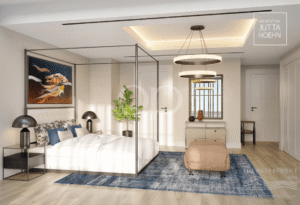 Chambre parentale moderne avec un lit à baldaquin en métal, un tapis bleu et des suspensions rondes au-dessus d'un banc beige.