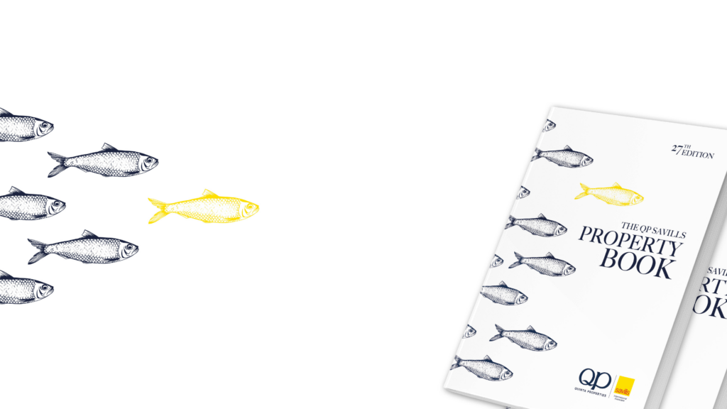 White book cover titled 'The QP Savills Property Book' with a pattern of blue fish and a single yellow fish on white background (diagonal orientation).