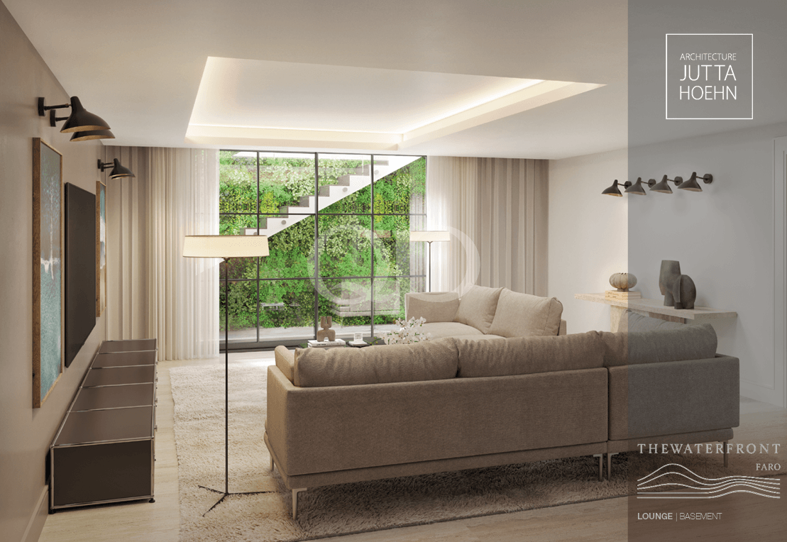 Sala de estar moderna com sofá seccional bege, janela grande e jardim exterior; tons neutros e iluminação suave.