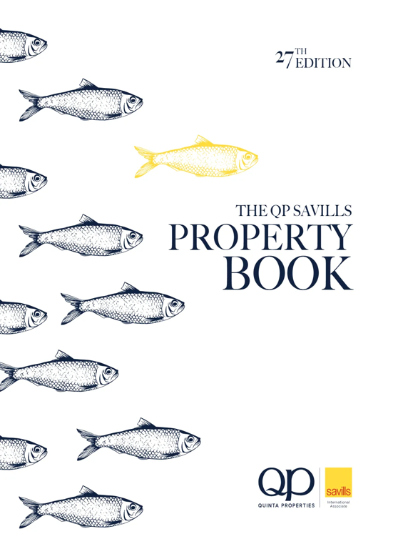 Book cover for The QP Savills Property Book, 27th Edition, featuring rows of blue fish with one yellow fish on a white background, plus logos at the bottom right.