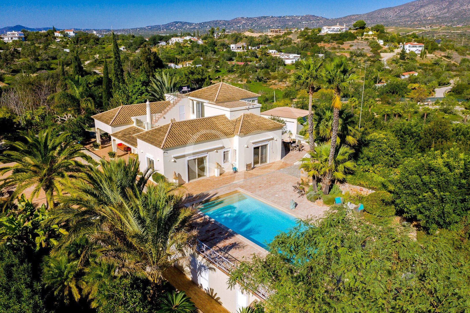 White Mediterranean villa with terracotta roofs, lush palm trees, and a rectangular blue pool in a sunny hillside setting.