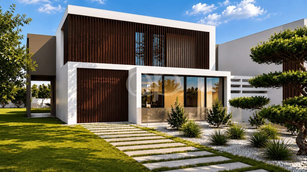 Maison moderne blanche à deux étages, avec des lattes en bois foncé, de grandes baies vitrées et un chemin pavé de galets traversant une pelouse verte.