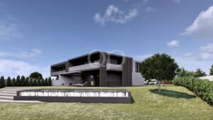 Maison moderne à deux étages dotée d'une terrasse spacieuse, de moulures foncées et de grandes baies vitrées, située dans un jardin paysager agrémenté d'une fontaine rectangulaire et d'un bord de piscine.
