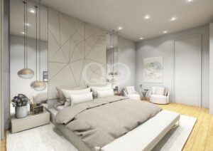 Chambre à coucher moderne avec un lit rembourré beige, un mur d'accent aux motifs géométriques, des suspensions et un coin salon aux tons neutres et doux.