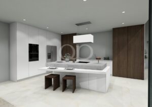 Cuisine moderne blanche avec îlot en marbre, appareils électroménagers encastrés et panneaux décoratifs en bois aux murs.
