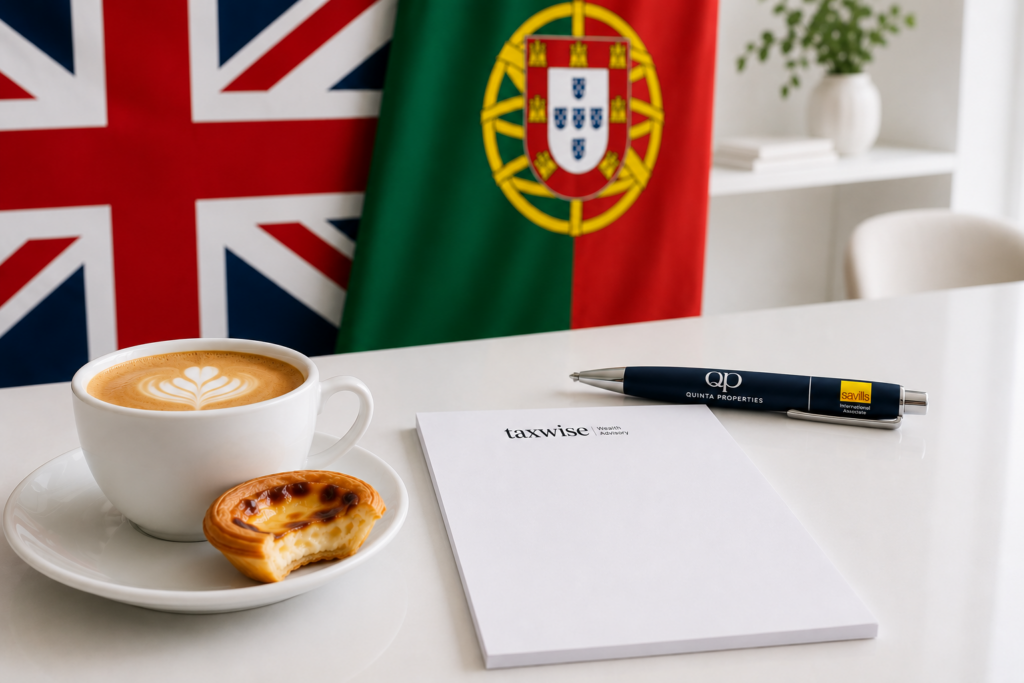 Une tasse de café au lait décorée d'un motif en forme de cœur et accompagnée d'une viennoiserie posée sur une soucoupe blanche, à côté d'un cahier portant la mention « taxwise » et d'un stylo ; les drapeaux du Royaume-Uni et du Portugal en arrière-plan.