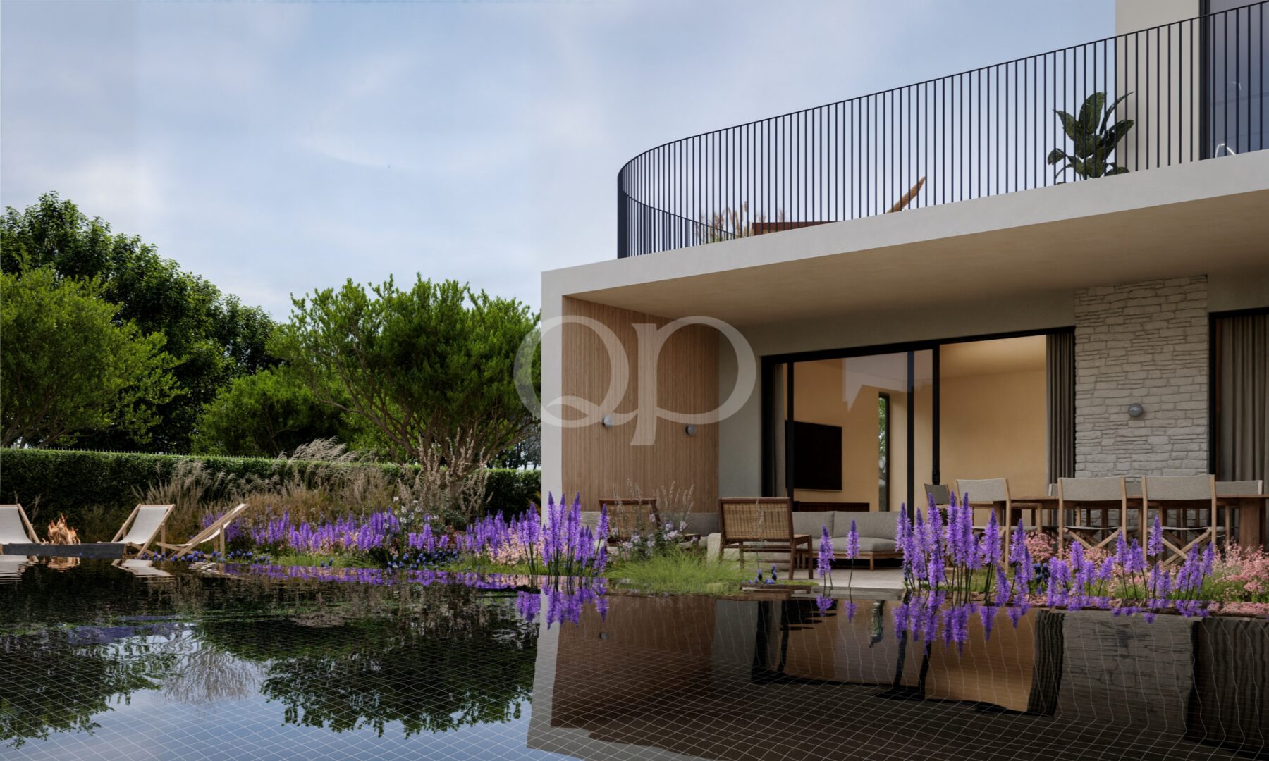 Moradia contemporânea com jardins paisagísticos e elemento aquático