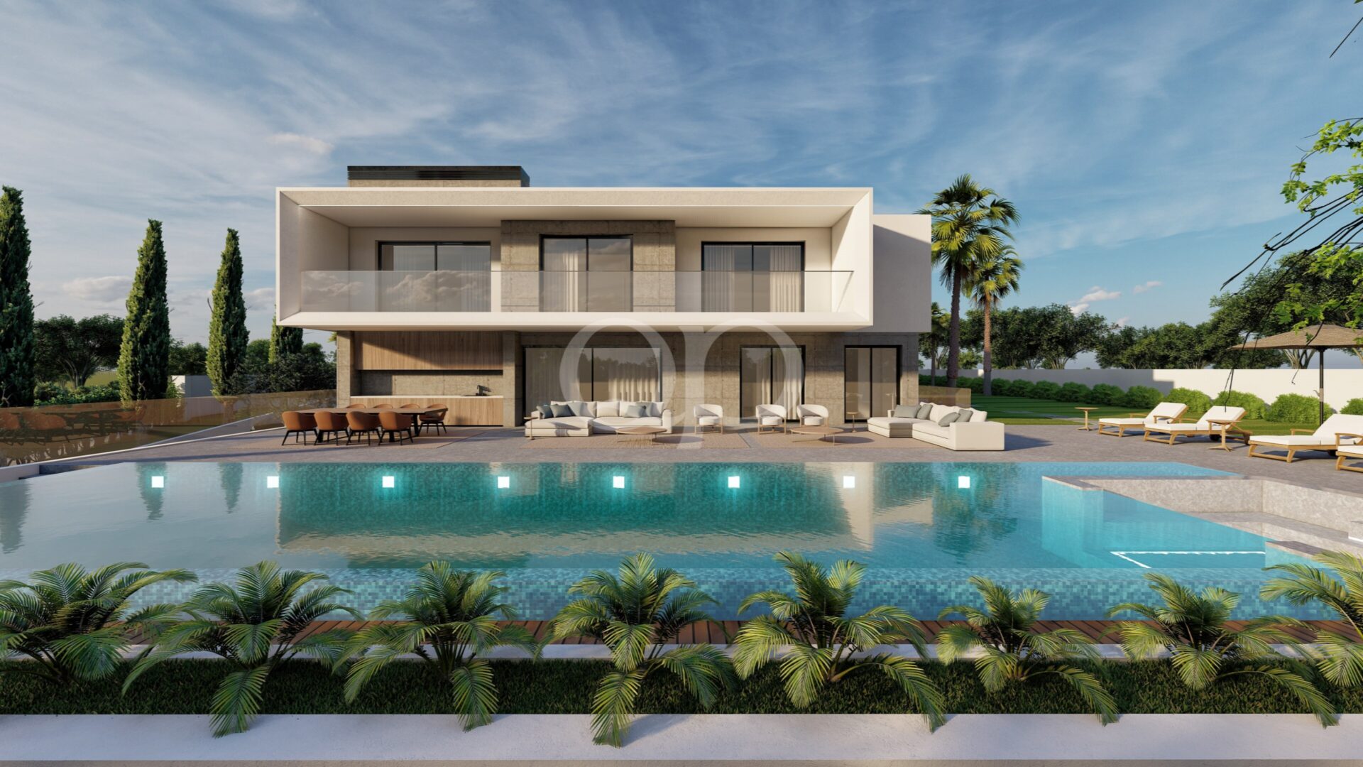 Beeindruckende, moderne Villa mit Blick auf einen weitläufigen Pool und elegant angelegte Gärten