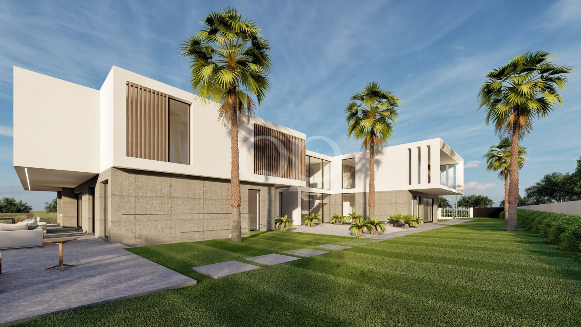 Beautiful landscaped gardens with palm trees framing the villa’s striking modern architecture