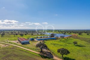 Aerial view of rural estate with lake, outbuildings and surrounding countryside