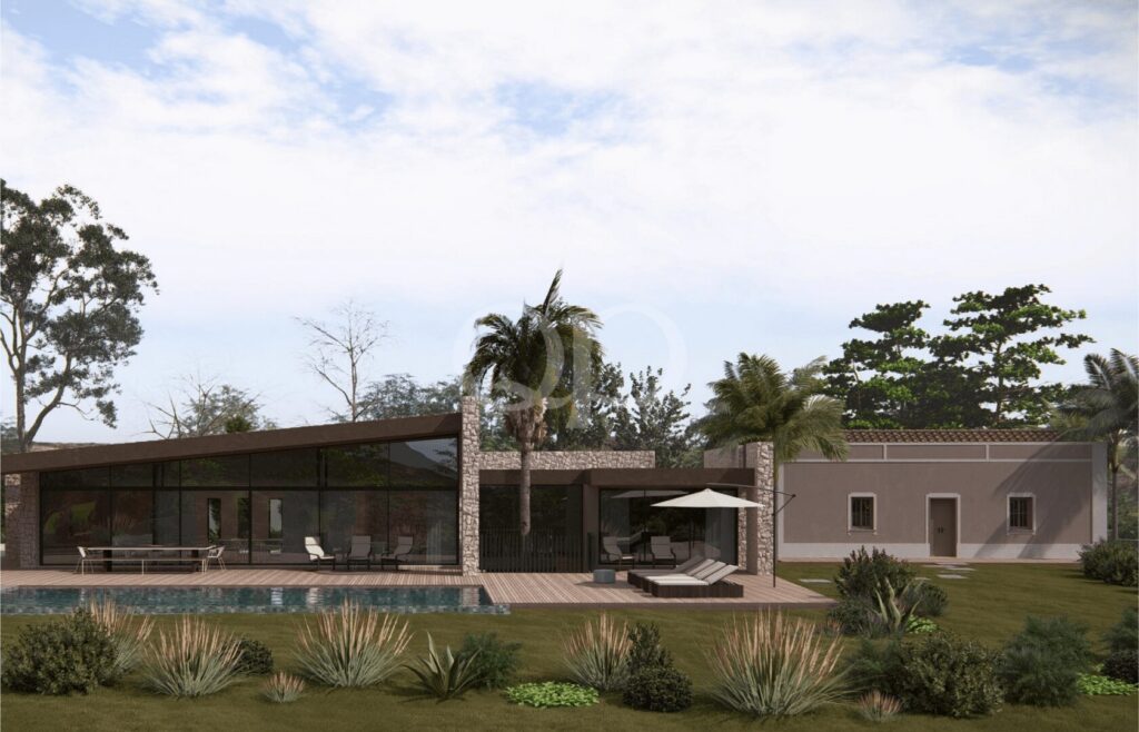 Villa de design contemporâneo com fachadas em pedra, piscina e jardins paisagísticos