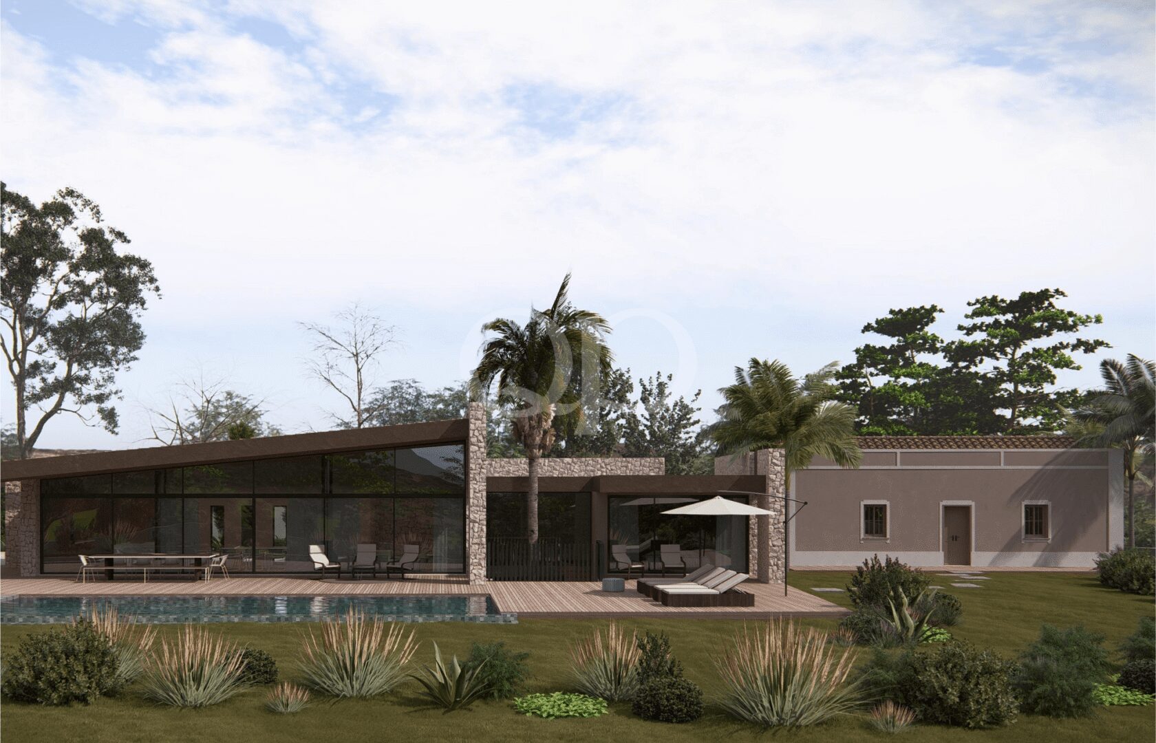Moderne Villenarchitektur mit Steinfassaden, Swimmingpool und gepflegten Gärten