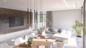 Sala de estar elegante, com mobiliário contemporâneo e iluminação marcante e de destaque
