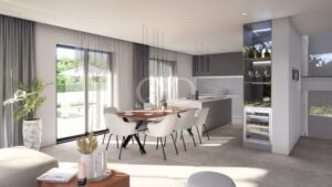 Sala de jantar sofisticada com uma cozinha elegante e uma suave luz natural