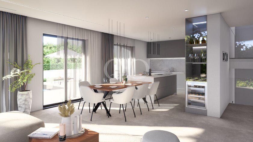 Sala de jantar sofisticada com uma cozinha elegante e uma suave luz natural