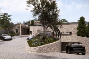 Villa contemporânea em pedra, com entrada ajardinada e árvores maduras