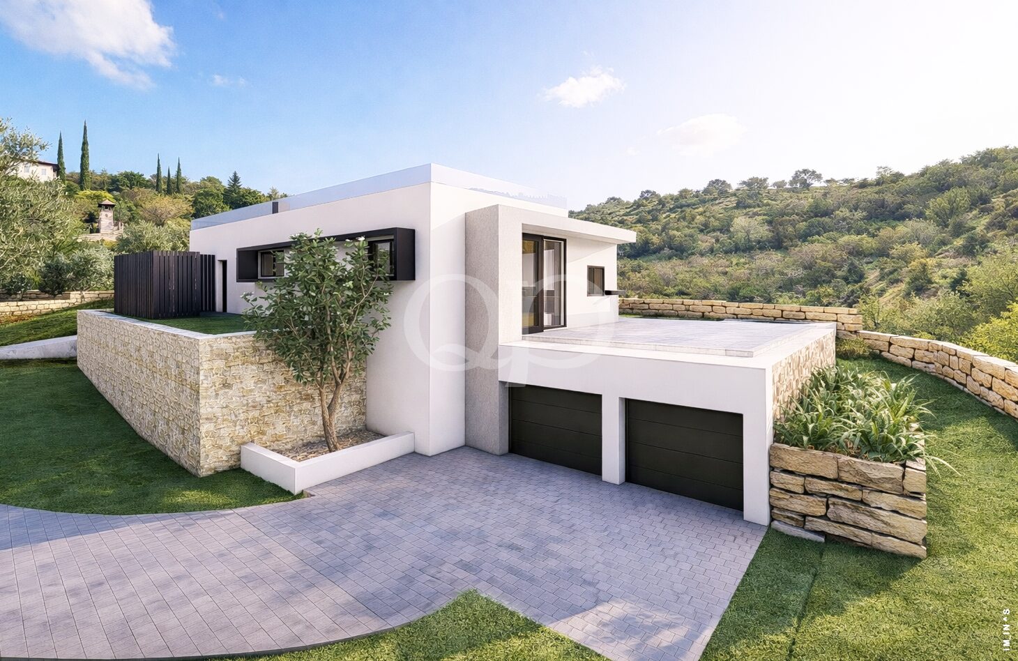 Extérieur d'une villa moderne avec double garage et murs en pierre naturelle