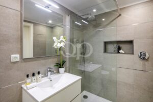 Modern bathroom with glass shower enclosure