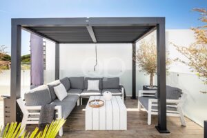 Covered outdoor lounge area