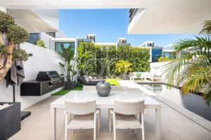 Outdoor dining area with garden views