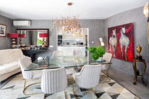 Dining room with statement chandelier