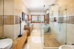 Bathroom with walk in shower and double vanity