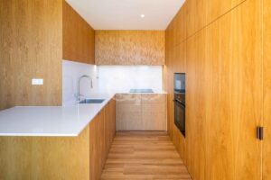 Modern fitted kitchen with integrated appliances and wood cabinetry