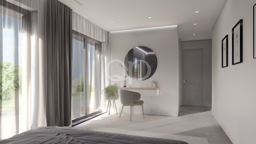 Área de toucador requintada, com espelho iluminado e acabamentos contemporâneos elegantes