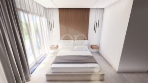 Schlafzimmer mit einer Wand aus Holz und raumhohen Fenstern