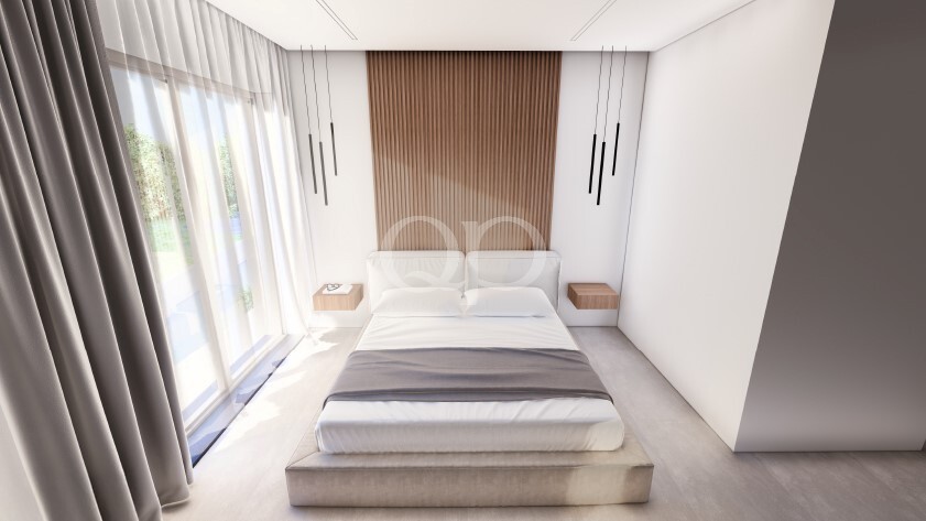 Schlafzimmer mit einer Wand aus Holz und raumhohen Fenstern