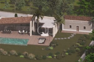 Projeto arquitetónico de uma moradia com piscina privada, terraço e jardim ajardinado