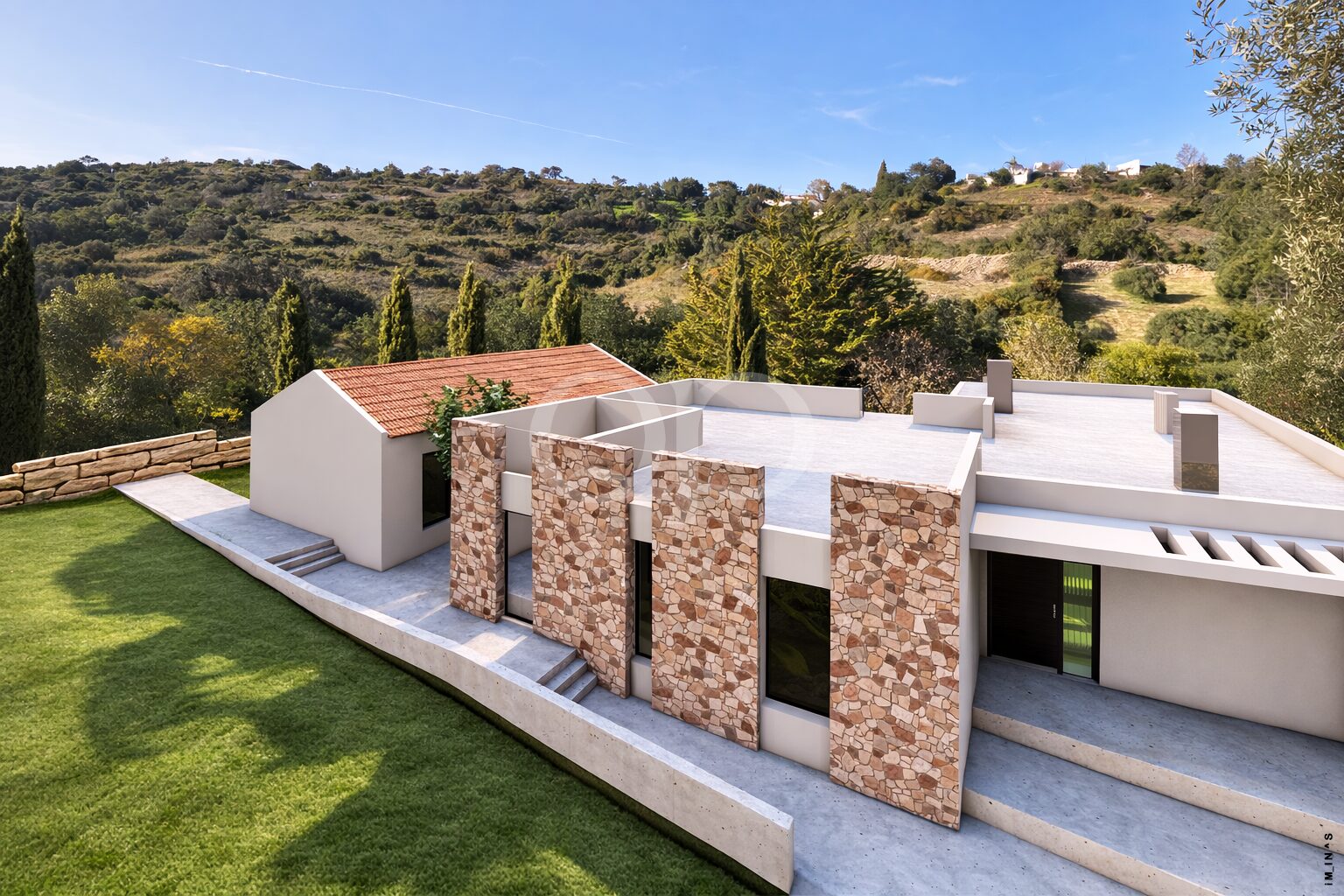 Villa contemporaine avec un revêtement en pierre naturelle et un jardin paysager