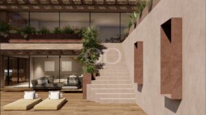 Contemporary villa interior with feature staircase and integrated greenery