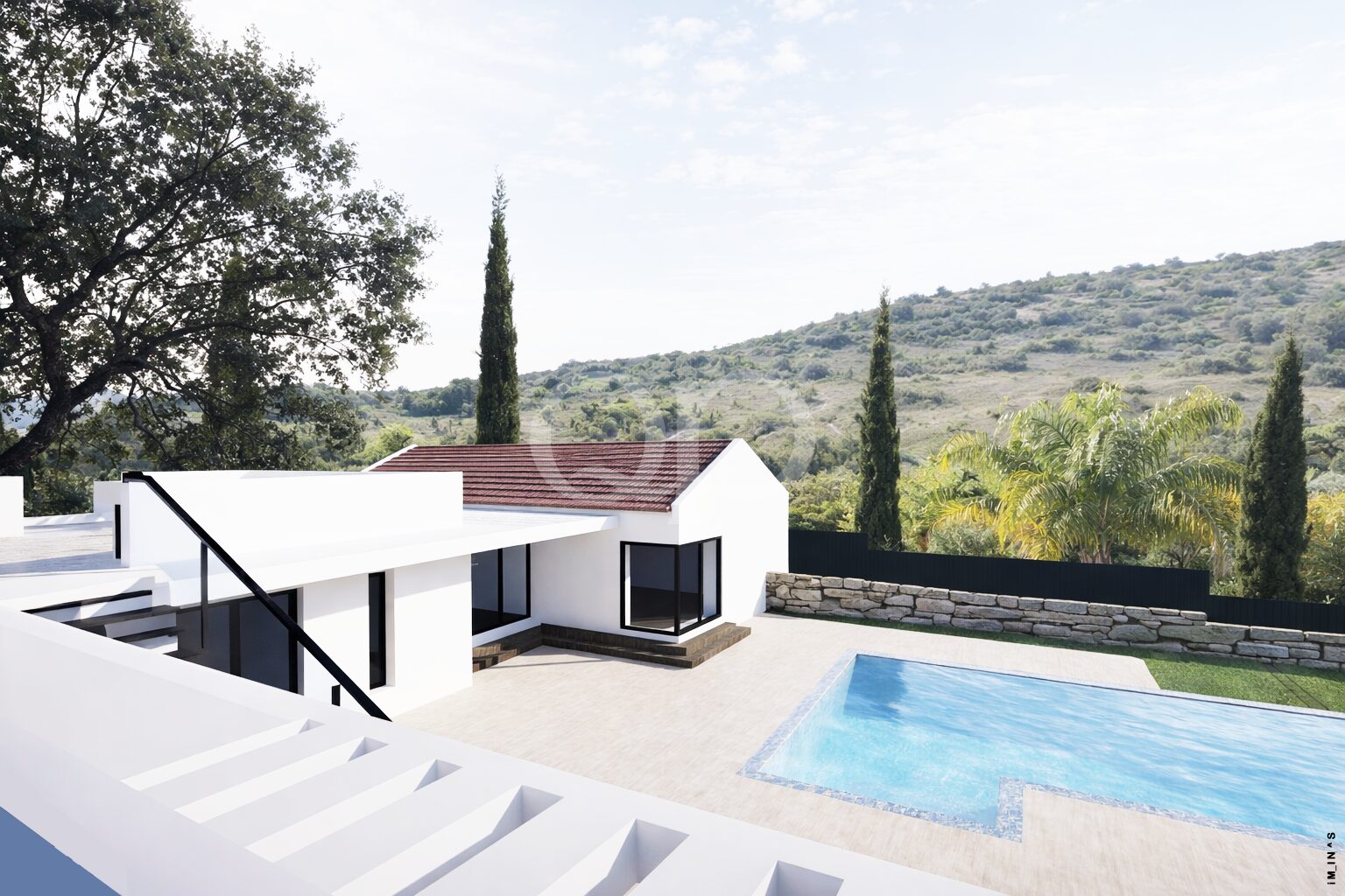 Piscine privée avec vue sur la cour et les collines