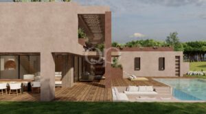 Covered terrace with outdoor seating and contemporary architectural detailing