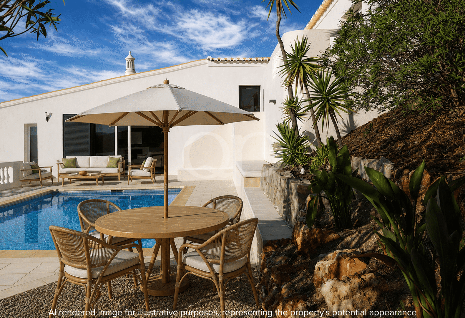 Terraço para refeições ao ar livre com vista para a piscina e para a paisagem circundante
