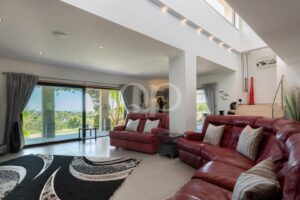 Sitting room with fireplace, leather seating and garden views