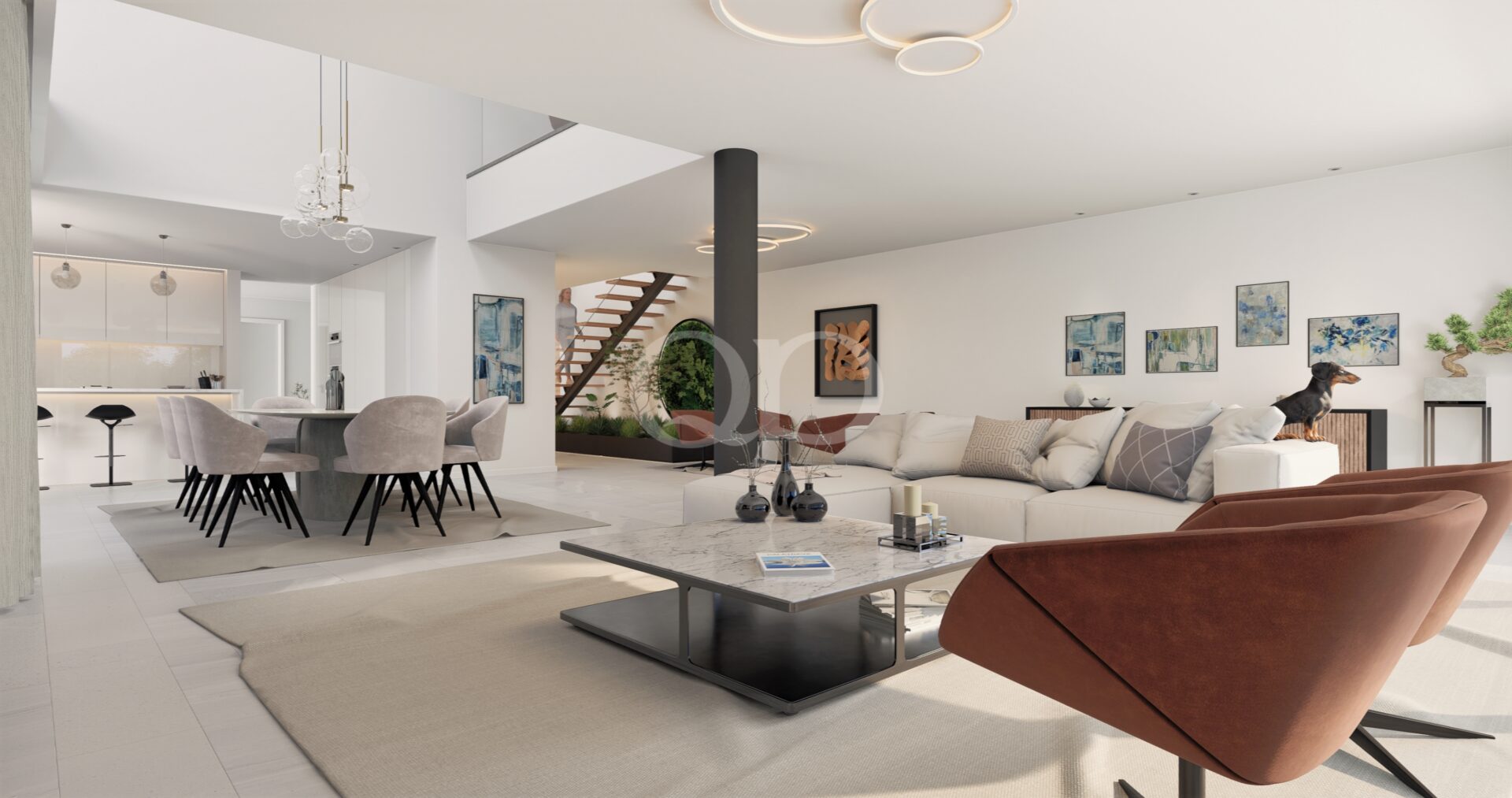 Salon ouvert avec cheminée suspendue et escalier décoratif