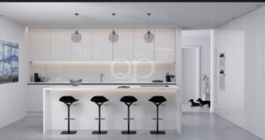 Îlot de cuisine avec comptoir pour le petit-déjeuner et luminaires suspendus