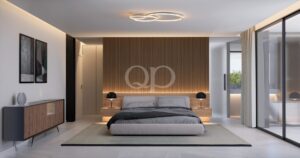 Chambre à coucher avec mur d'accent en bois et éclairage intégré