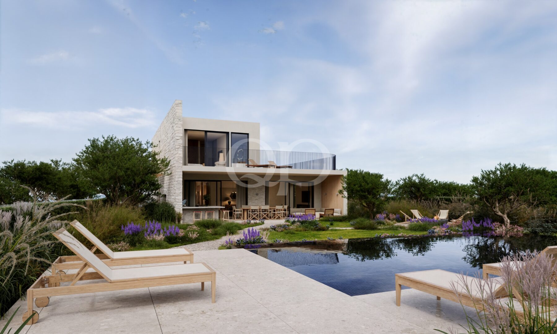 Moradia moderna com piscina e jardim ajardinado