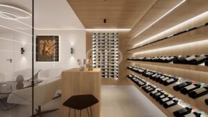 Cave à vin avec rangement intégré pour les bouteilles et étagères de présentation