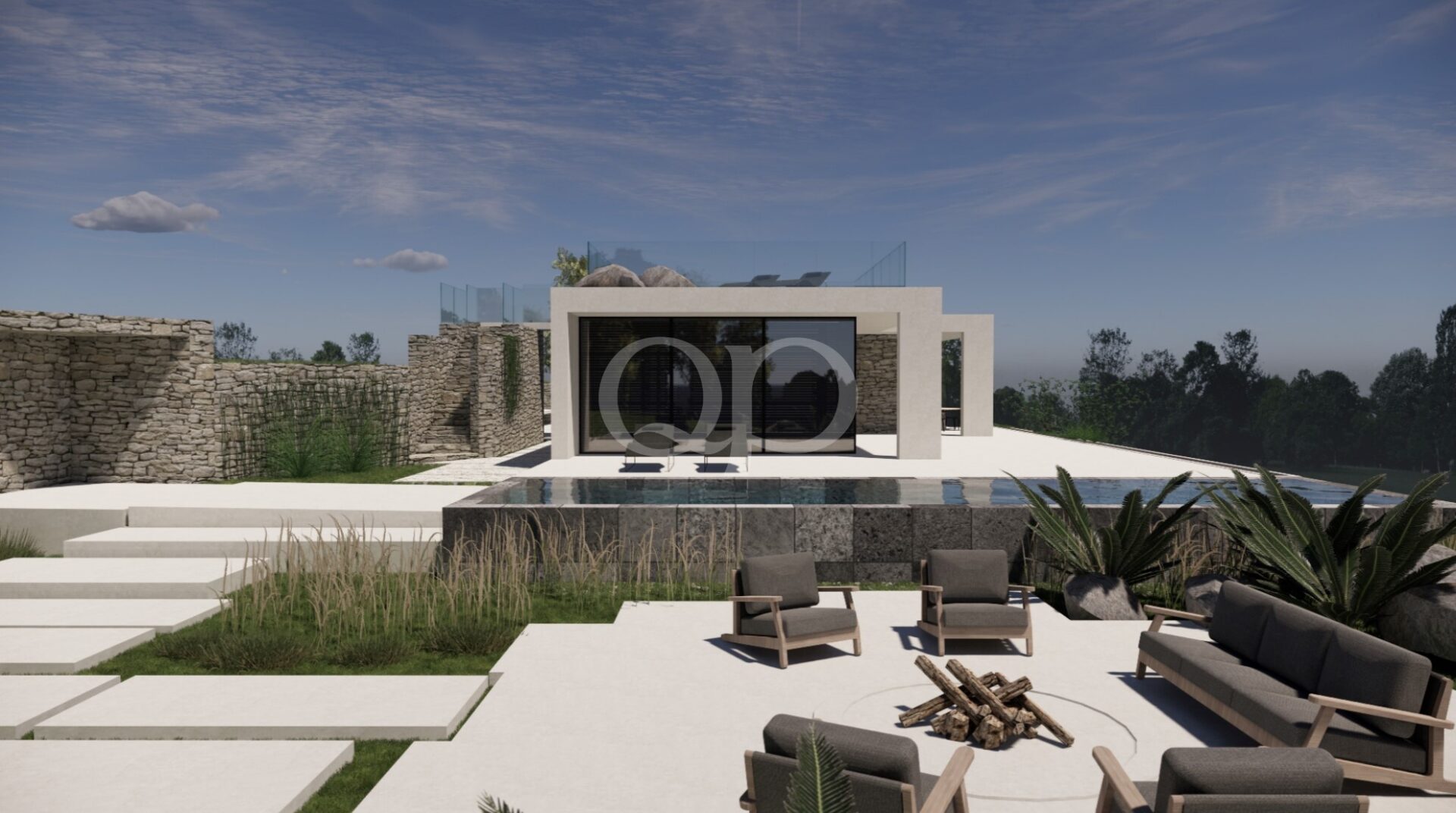 Moderne Villa mit Swimmingpool und Lounge-Bereich im Freien