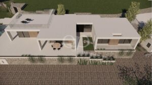 Luftaufnahme der Eingangsterrasse der Villa und der Außenanlagen