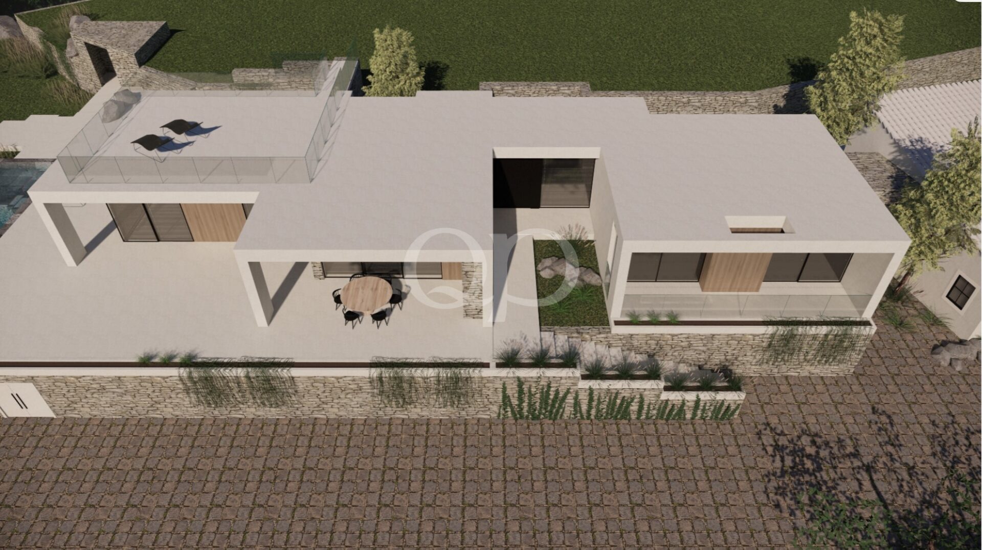Luftaufnahme der Eingangsterrasse der Villa und der Außenanlagen