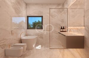 Modernes Badezimmer mit freistehender Badewanne und begehbarer Dusche